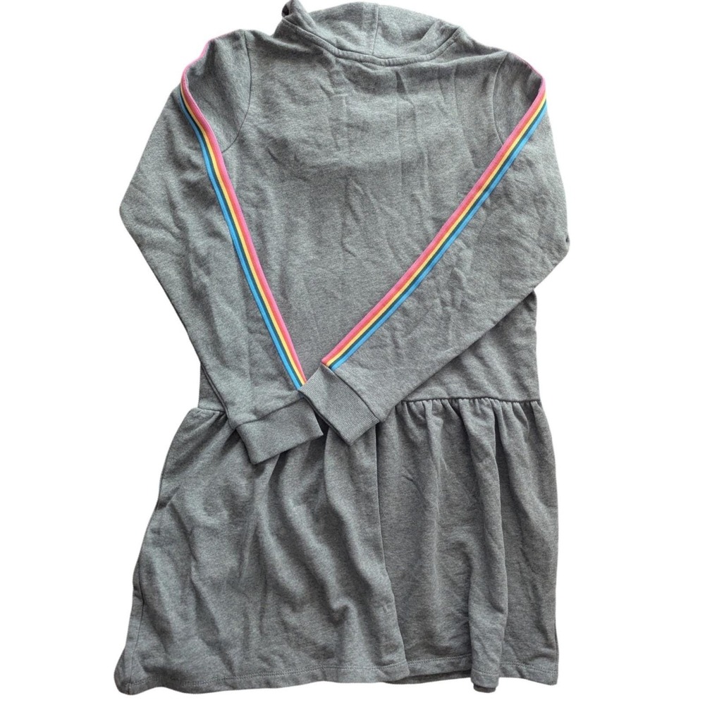 HANNA ANDERSSON Girls Gray Rainbow Stripe Sleeve Hoodie Dress w/Pocket Sz 14/16